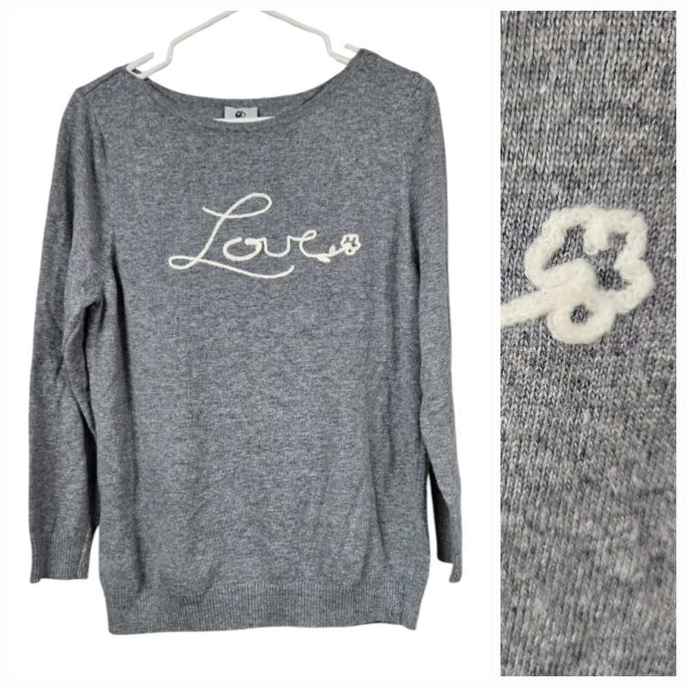 Nordstrom Rain & Rose LOVE Sweater Gray Angora Crochet Script Applique Winter L